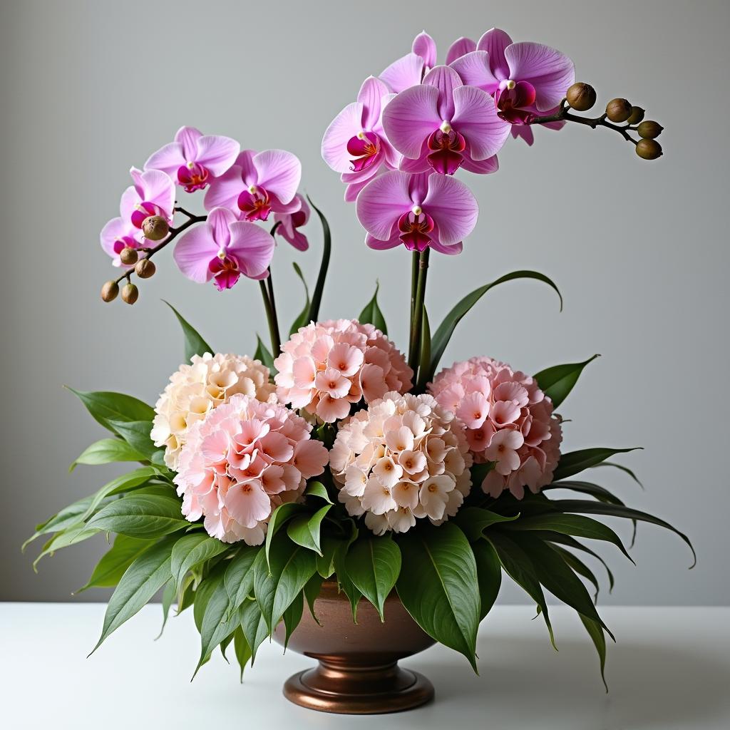 orchid and hydrangeas flower arrangement