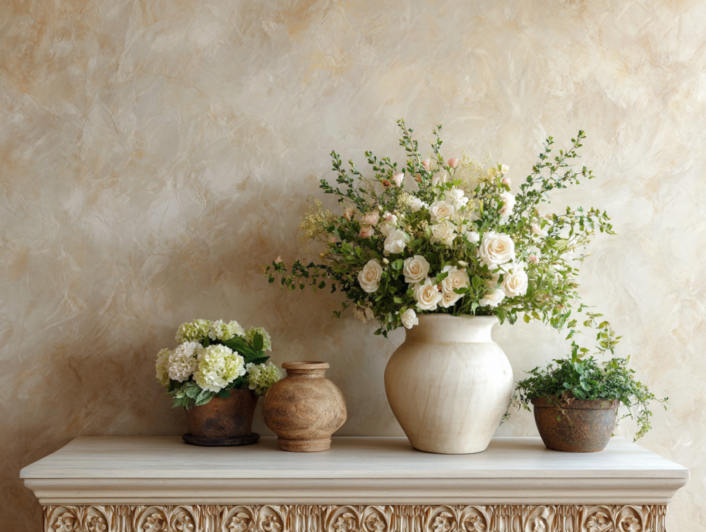 Office Decor: The Harmony of Venetian Plaster and Flower Arrangement