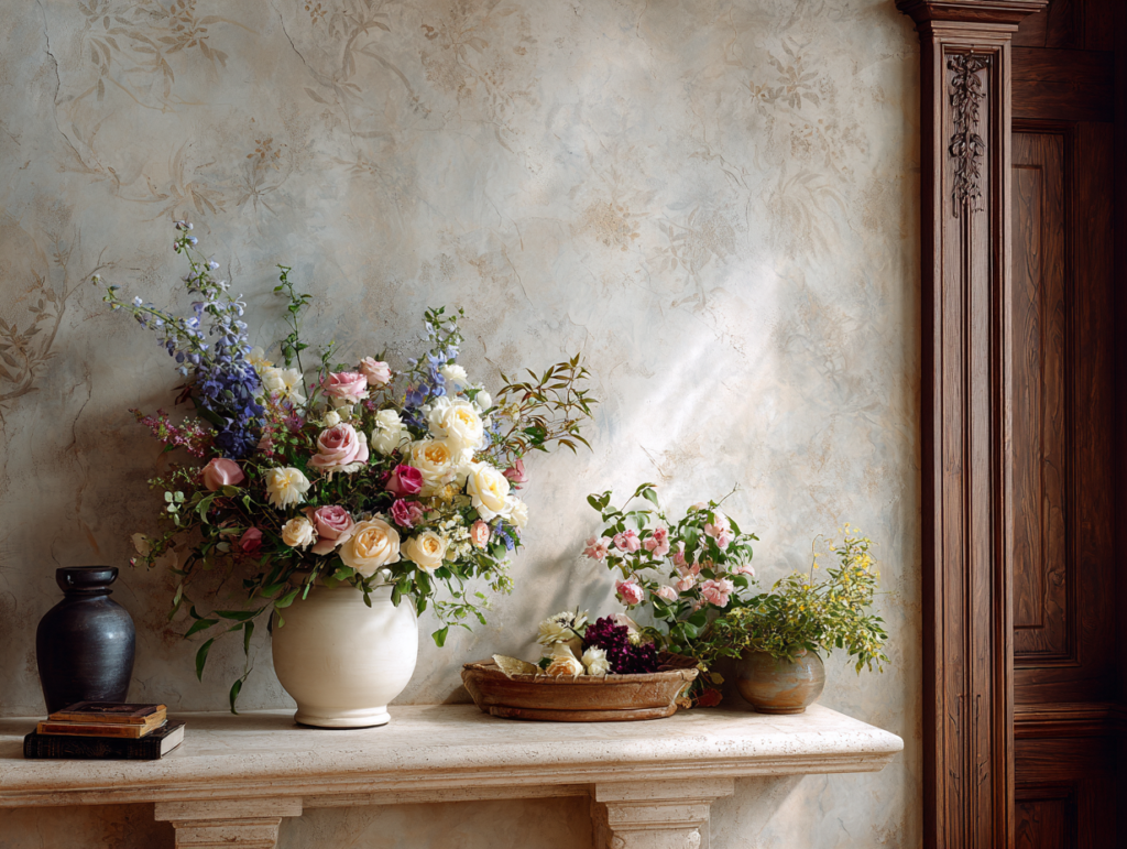 Office Decor: The Harmony of Venetian Plaster and Flower Arrangement