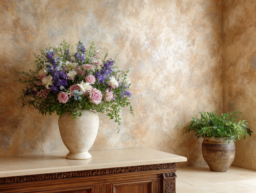 Office Decor: The Harmony of Venetian Plaster and Flower Arrangement