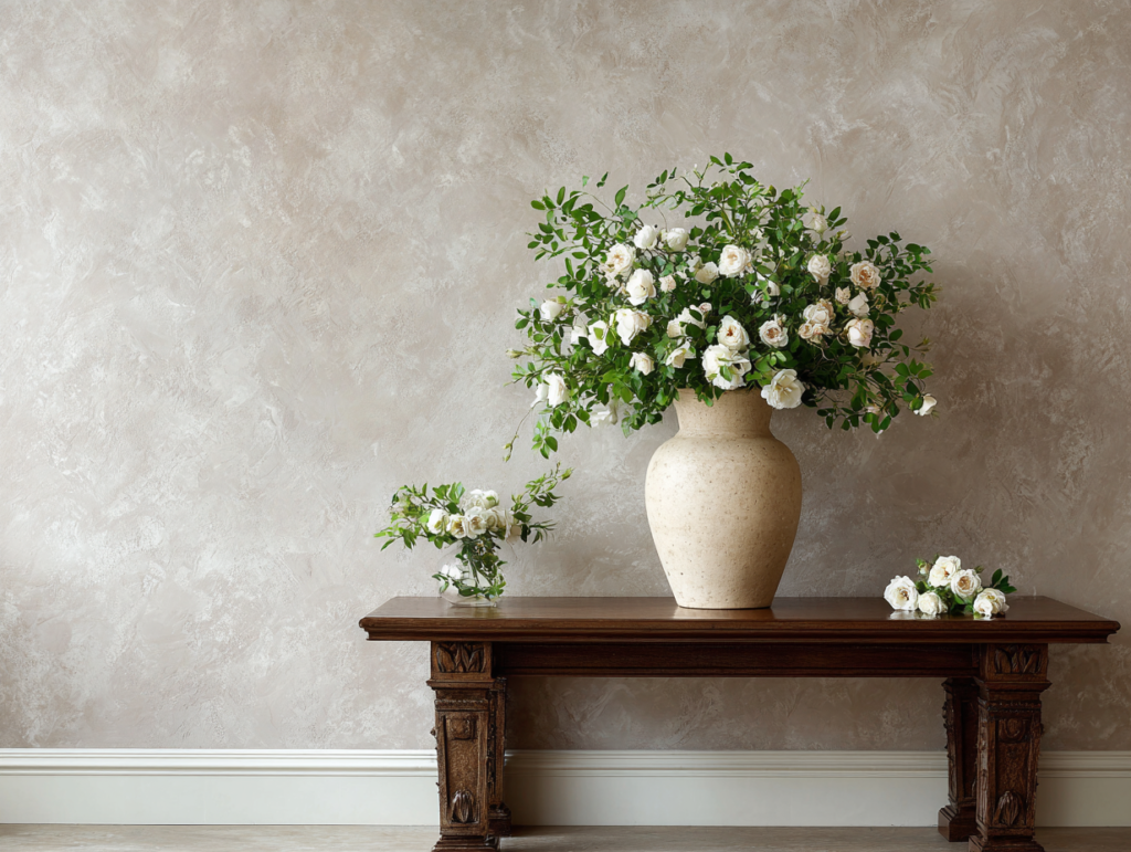 Office Decor: The Harmony of Venetian Plaster and Flower Arrangement